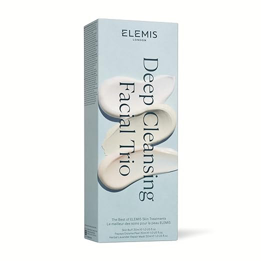 A rectangular box of ELEMIS - STEINER KIT DEEP CLEANSING MASK TRIO, designed to exfoliate and brighten skin, features the brand name at the top, product name vertically, and three cream smears on white and light blue packaging.