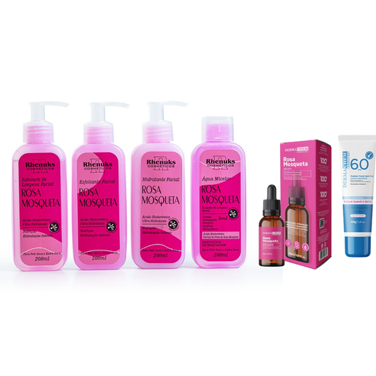 Kit SkinCare Rosa Mosqueta Rhenuks + Sérum Rosa Mosqueta Dermachem + Protetor Solar FPS 60