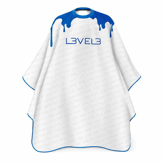 L3VEL3™ Professional Salon Cape With Rubber Neck - White / Blue Drip