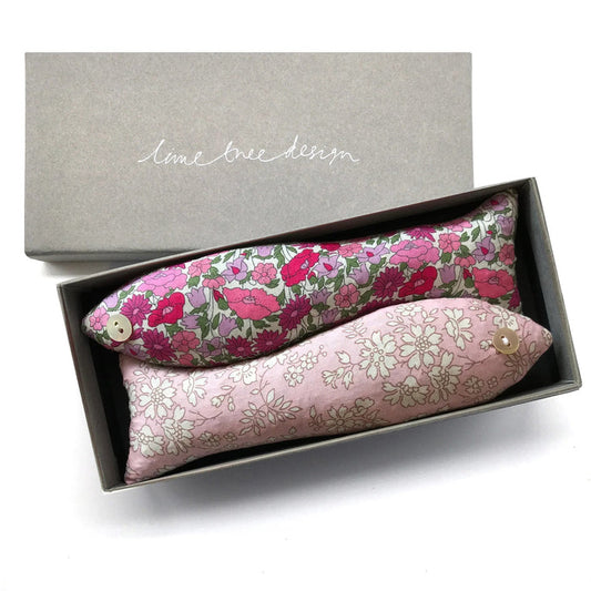 The LAVENDER FISH AND LITTLE PRINCESS SACHET by LIME TREE COLLECTION LTD features two Liberty Tana Lawn fabric fish in floral prints, nestled in a grey “lime tree design” box—ideal handmade lavender gifts or delightful drawer scenters.