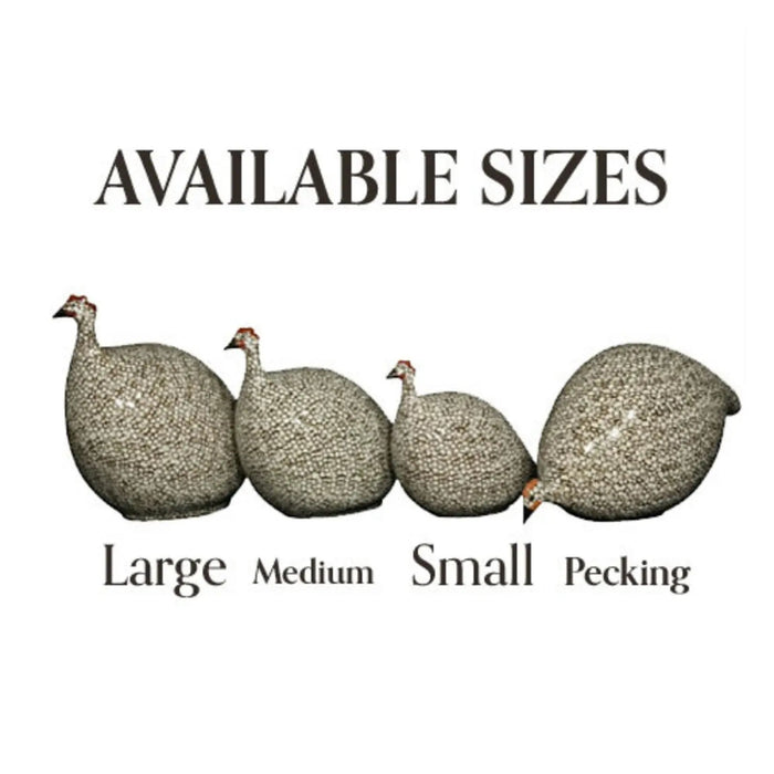 A visual comparison of three LES CERAMIQUES DE LUSSAN French Guinea hens (grand modèle, moyen modèle, petit modèle et modèle qui picore) in Terracotta Red with White Spots and a handmade pottery mug. The ceramic birds are outlined with measurements: 24 cm for the largest, 20 cm for the middle, and 17 cm for the smallest. The mug is 8.50 cm tall.