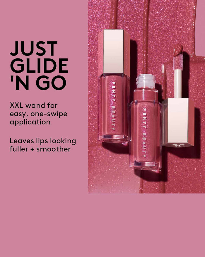 Text: JUST GLIDE 'N GO. XXL wand for easy one-swipe applicateion. Leaves lips looking fuller and smoother.