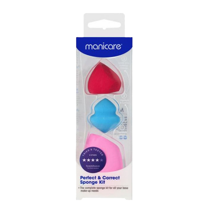 Manicare Perfect & Correct 3pc makeup sponge kit with blending sponge, contour sponge, and eraser sponge for clean, flawless makeup
