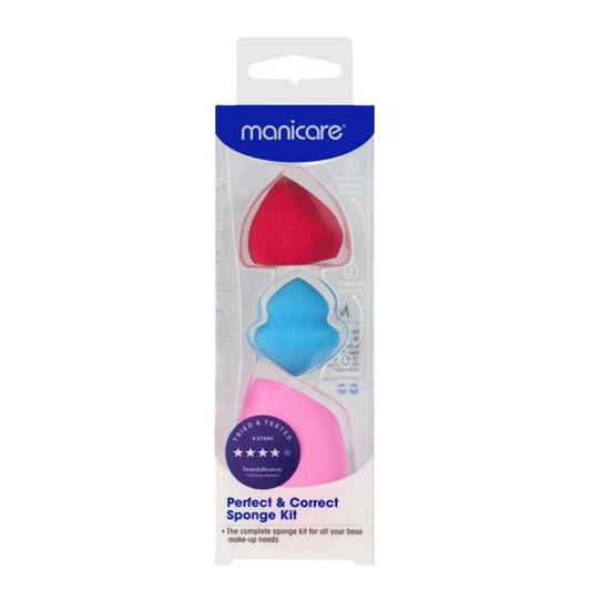 Manicare Perfect & Correct 3pc makeup sponge kit with blending sponge, contour sponge, and eraser sponge for clean, flawless makeup