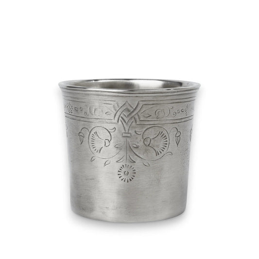The MATCH - ANTIQUE ENGRAVED PENCIL CUP by MATCH features intricate floral and geometric engravings, a slightly flared rim, and a smooth pewter finish—perfect for collectors or those interested in proper pewter cleaning and care.