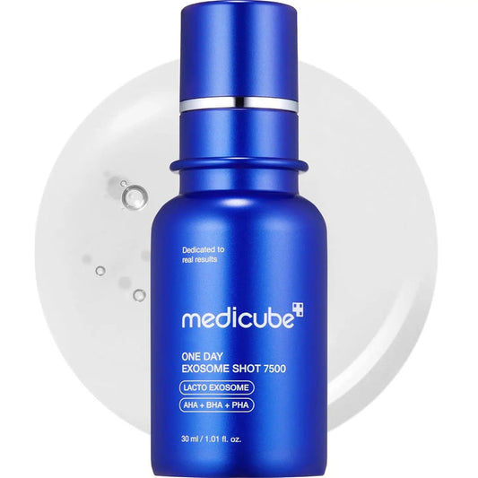 A blue GLOWISS bottle dispenses white MEDICUBE ZERO EXOSOME SHOT 7500 PPM SPICULE FACIAL SERUM. Text highlights “Liquid Microneedling” and describes it as an intensive microneedling booster for pore care; inset shows spicules and exosome details.