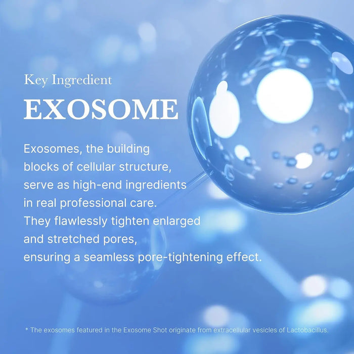 A blue GLOWISS bottle dispenses white MEDICUBE ZERO EXOSOME SHOT 7500 PPM SPICULE FACIAL SERUM. Text highlights “Liquid Microneedling” and describes it as an intensive microneedling booster for pore care; inset shows spicules and exosome details.