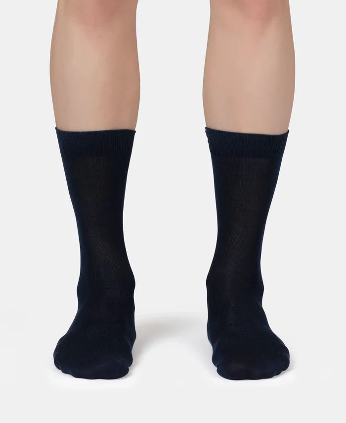 Mercerized Cotton Elastane Stretch Crew Length Socks with StayFresh Treatment - Black & Navy (Pack of 2)