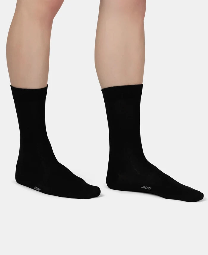 Mercerized Cotton Elastane Stretch Crew Length Socks with StayFresh Treatment - Black (Pack of 2)
