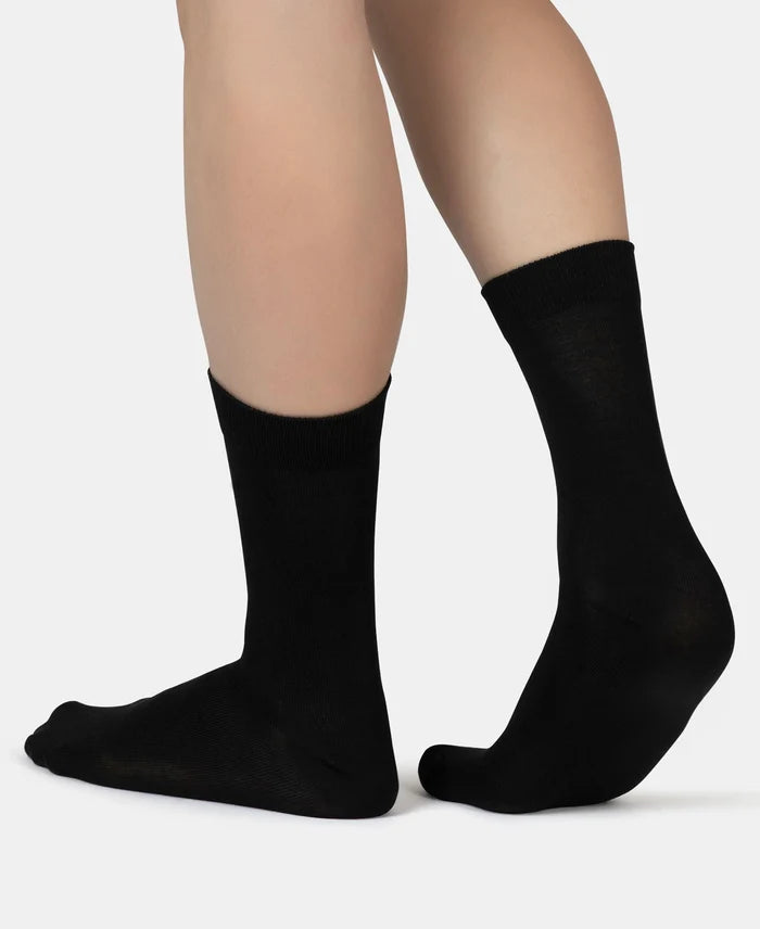 Mercerized Cotton Elastane Stretch Crew Length Socks with StayFresh Treatment - Black (Pack of 2)