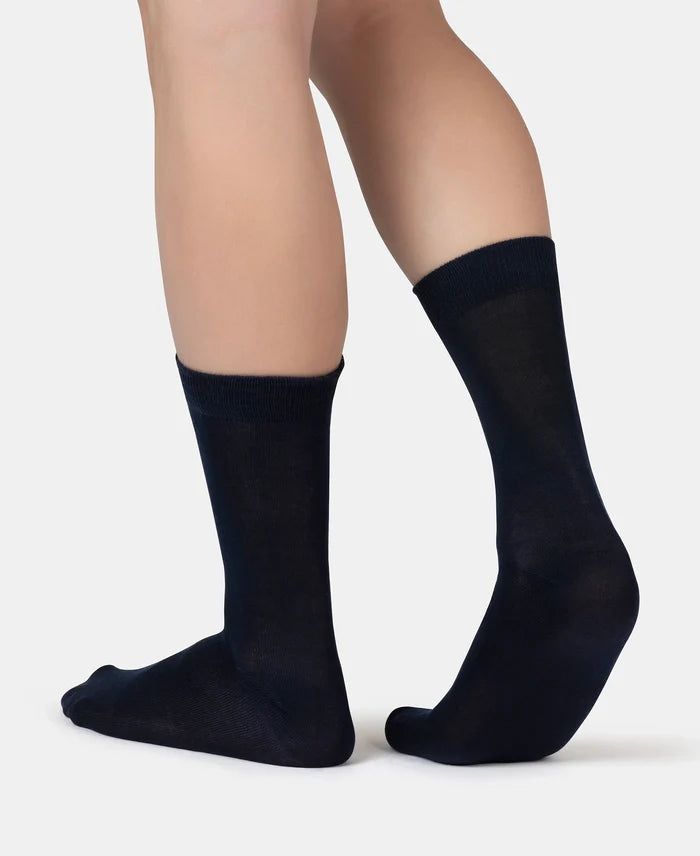 Mercerized Cotton Elastane Stretch Crew Length Socks with StayFresh Treatment - Black & Navy (Pack of 2)