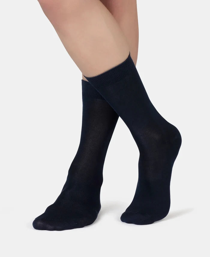 Mercerized Cotton Elastane Stretch Crew Length Socks with StayFresh Treatment - Black & Navy (Pack of 2)