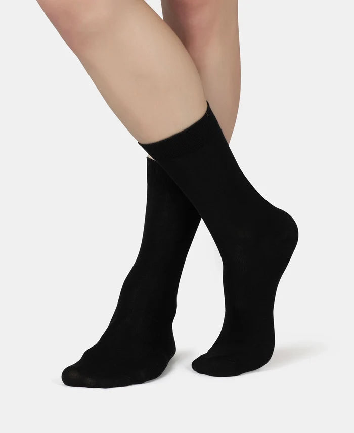 Mercerized Cotton Elastane Stretch Crew Length Socks with StayFresh Treatment - Black (Pack of 2)