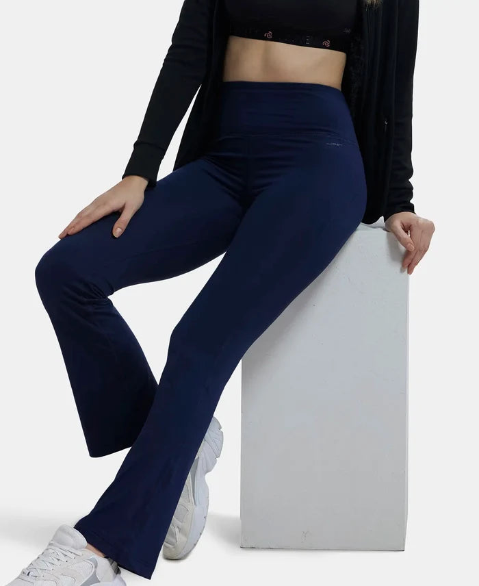 Microfiber Elastane Stretch Regular Fit Flared Pants with StayFresh Treatment - Peacoat-5