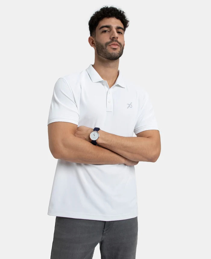 Microfiber Fabric Solid Half Sleeve Polo T-Shirt with StayDry & StayFresh Technology - White