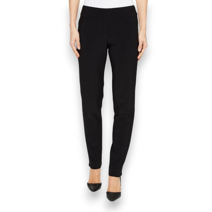 The MICROFIBER PULL ON PANT by KRAZY LARRY, INC is showcased against a white background, highlighting its dark navy blue color. These pants feature a straight-leg design and an elastic waistband, made from microfiber fabric. The high-rise style makes them suitable for both casual and semi-formal occasions.