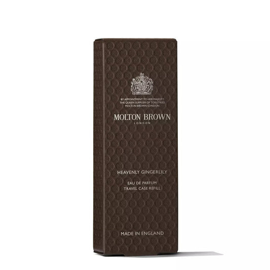 A rectangular, textured brown box of MOLTON BROWN GINGERLILY Eau de Toilette features the brand name and product details in white—ideal for fans of this floral fragrance's exotic scent.