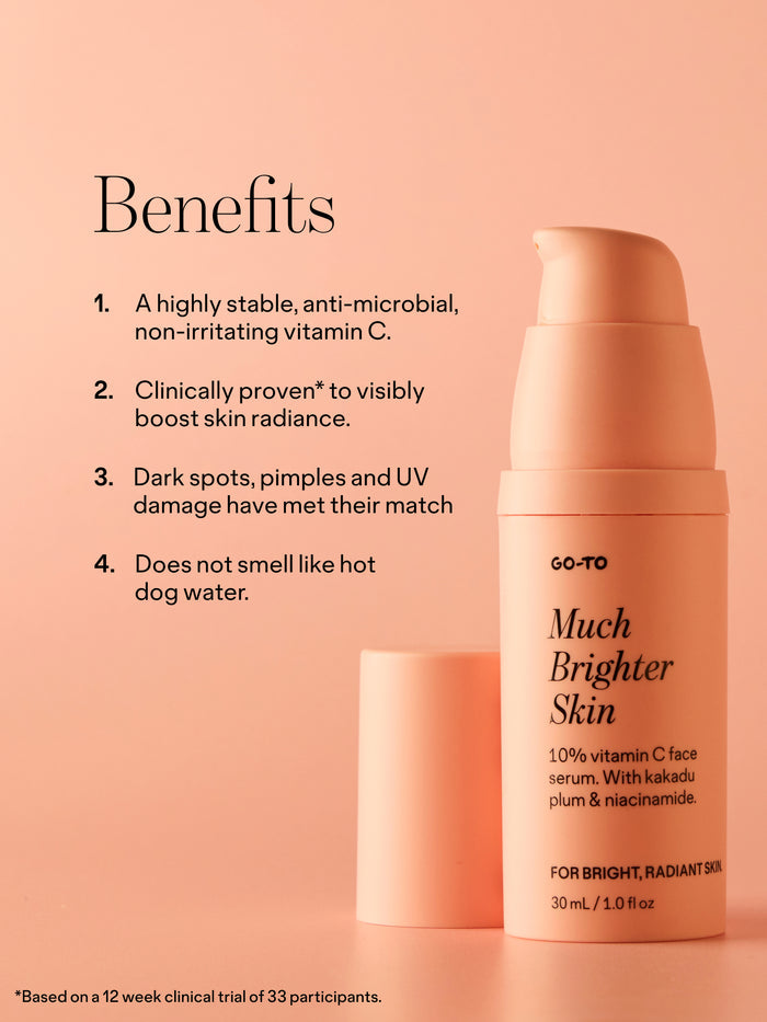 Go-To Much Brighter Skin 10% vitamin C serum pump bottle beside its cap on a peach background, with four listed benefits: stable non-irritating vitamin C, clinically proven radiance boost, targets dark spots and UV damage, and pleasant scent. Footnote: based on a 12-week clinical trial of 33 participants.