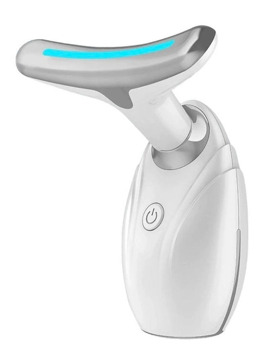 The ETERUS NECK AND FACE LIFTING LED THERAPY is a white handheld device with an ergonomic design, curved metallic top, blue LED strip, power button on the front, and delivers effective vibration massage for wrinkles.