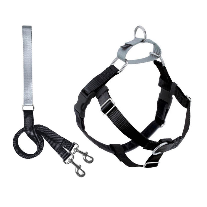 The 2 HOUNDS DESIGN NO PULL HARNESS LEASH (XS, BLACK) features adjustable black and gray straps, metal rings and clips, a Swiss velvet-lined strap for comfort, and comes with a matching short leash with loop handle and two metal clasps.