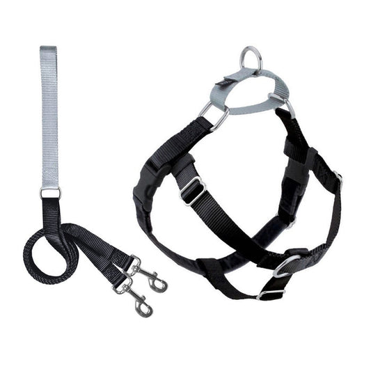 The 2 HOUNDS DESIGN NO PULL HARNESS LEASH (XS, BLACK) features adjustable black and gray straps, metal rings and clips, a Swiss velvet-lined strap for comfort, and comes with a matching short leash with loop handle and two metal clasps.