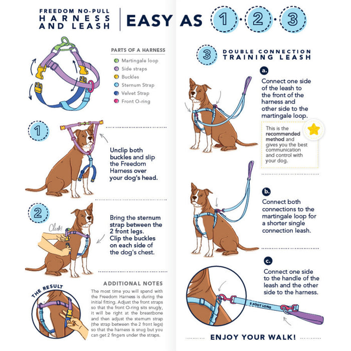 The 2 HOUNDS DESIGN NO PULL HARNESS LEASH (XS, NAVY) features adjustable straps, metal rings, and a velvet-lined chest strap for comfort, shown with a matching navy leash with metal clips for easy attachment.