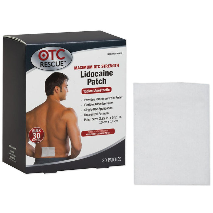 OTC RESCUE 4% Strength Lidocaine Pain Relief Patch - 30-91130PF-Box - LL Medico