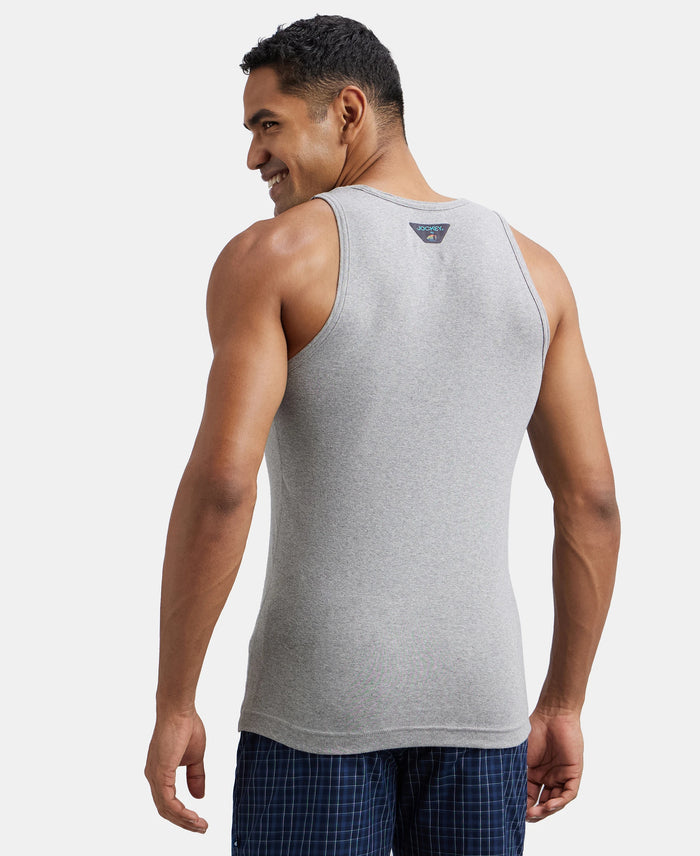 Pack of 3 Super Combed Cotton Rib Round Neck Sleeveless Vest - White-Grey Melange, Teal Green-Black & Neon Blue