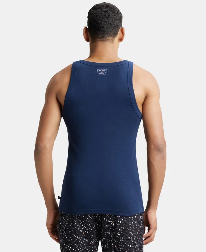 Pack of 3 Super Combed Cotton Rib Square Neck Gym Vest - Navy, Charcoal Melange & Black