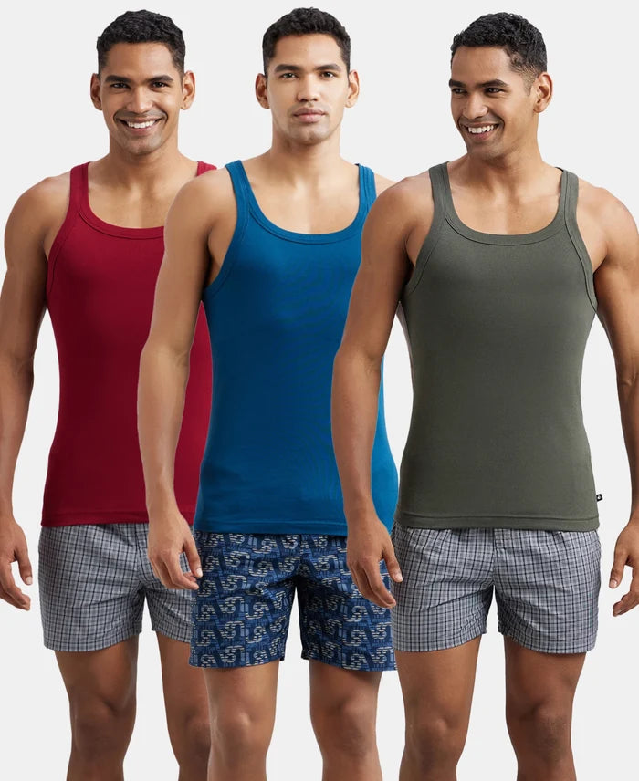 Pack of 3 Super Combed Cotton Rib Square Neck Gym Vest - Poseidon, Red Pepper & Deep Olive