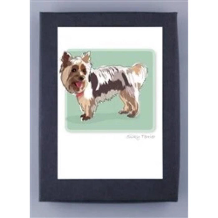PAPER RUSSELLS - SILKY TERRIER BOX NOTES by PAPER RUSSELLS features a charming illustration of a small, fluffy dog with brown and black fur on a green background. Printed on eco-friendly, FSC certified paper.