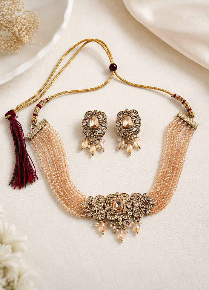Premium Peach Crystal Beaded Necklace Set with Statement Earrings