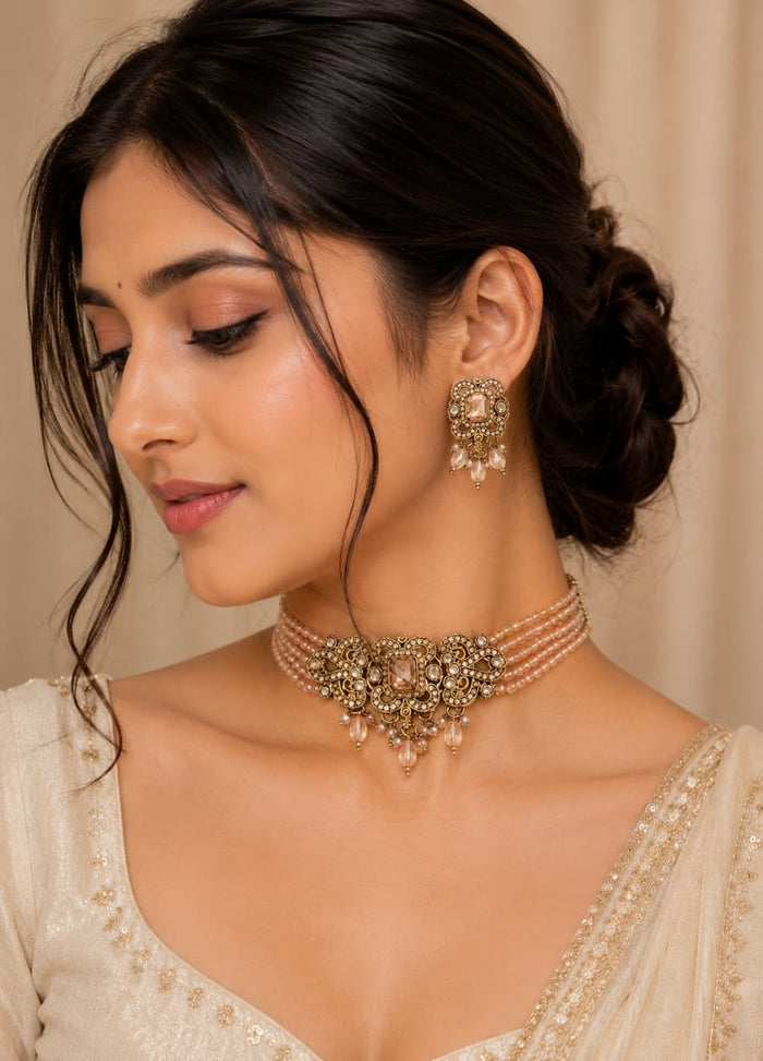 Premium Peach Crystal Beaded Necklace Set with Statement Earrings