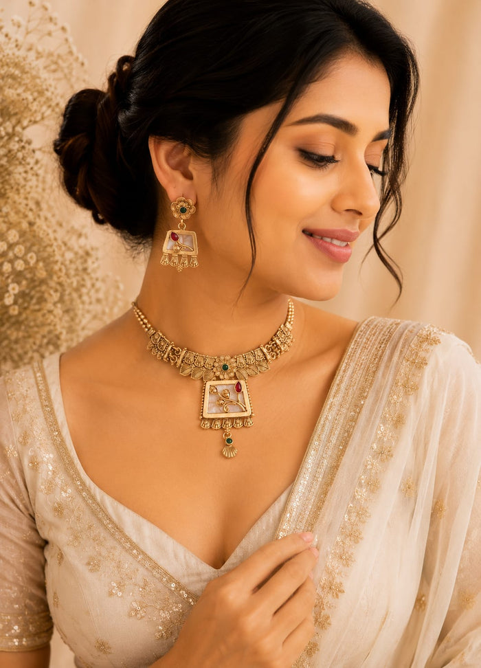 Premium South Indian Temple Jewellery Necklace Set with Earrings | Antique Gold Floral Pendant Traditional Necklace Set for Women