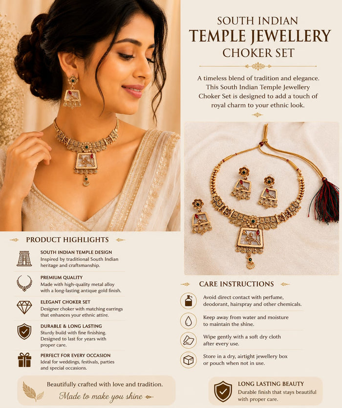 Premium South Indian Temple Jewellery Necklace Set with Earrings | Antique Gold Floral Pendant Traditional Necklace Set for Women