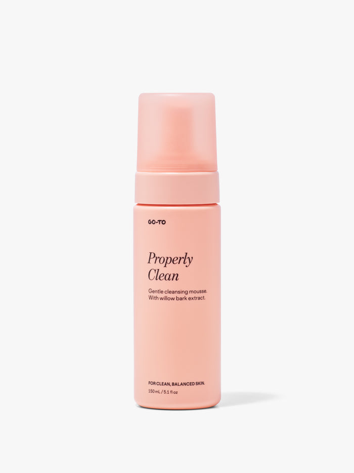 Go-To Properly Clean gentle cleansing mousse with willow bark extract in a signature peach 150ml pump bottle.