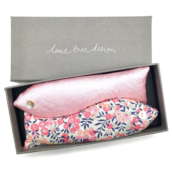 SACHET LAVENDER FISH by LIME TREE COLLECTION LTD: A gift box with two handmade lavender fish—one light pink, one in Liberty floral fabric, both with button eyes. Box lid reads "lime tree design." A charming gift for any occasion.