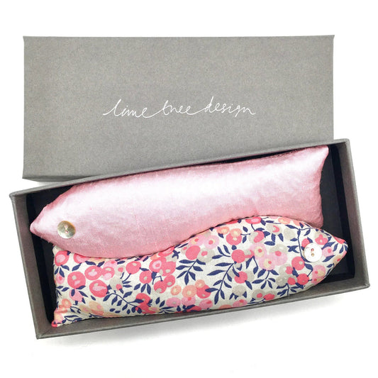 SACHET LAVENDER FISH by LIME TREE COLLECTION LTD: A gift box with two handmade lavender fish—one light pink, one in Liberty floral fabric, both with button eyes. Box lid reads "lime tree design." A charming gift for any occasion.