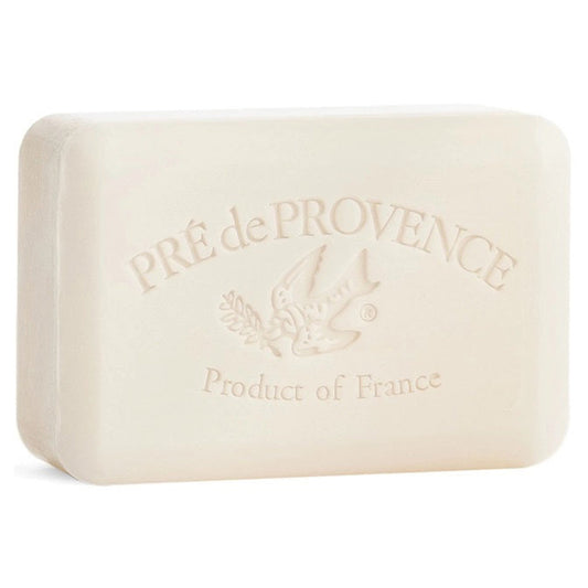 A rectangular bar of SEA SALT BAR SOAP 150G by EUROPEAN SOAPS, LLC with "Product of France" and a bird holding a branch embossed on the front, reflecting the quality of classic French-milled soaps.