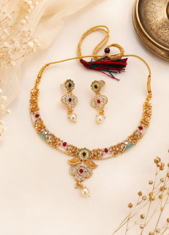 South Indian Meenakari  Traditional Gold Finish Necklace Set with Earrings