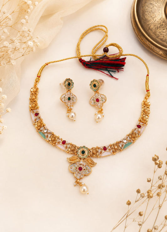 South Indian Meenakari  Traditional Gold Finish Necklace Set with Earrings