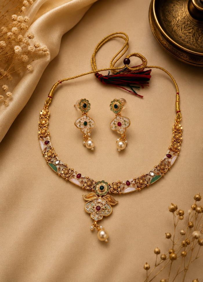 South Indian Meenakari  Traditional Gold Finish Necklace Set with Earrings