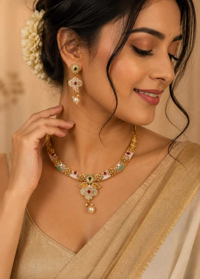 South Indian Meenakari  Traditional Gold Finish Necklace Set with Earrings