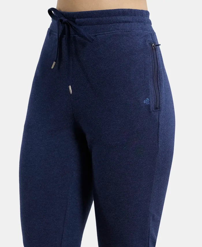 Super Combed Cotton Elastane French Terry Relaxed Fit Joggers With Zipper Pockets - Ink Blue Melange