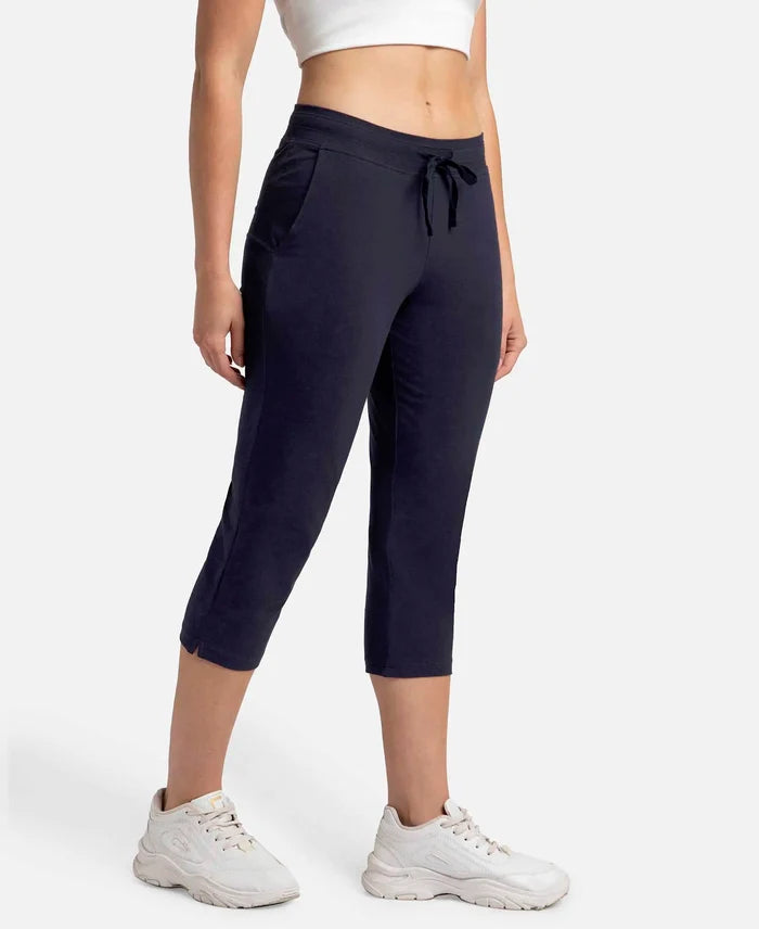 Super Combed Cotton Elastane Stretch Slim Fit Printed Capri with Side Pockets - Navy Blazer-2