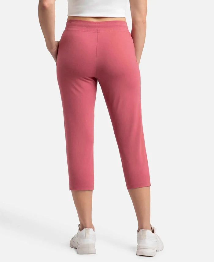Super Combed Cotton Elastane Stretch Slim Fit Printed Capri with Side Pockets - Rose Wine-3