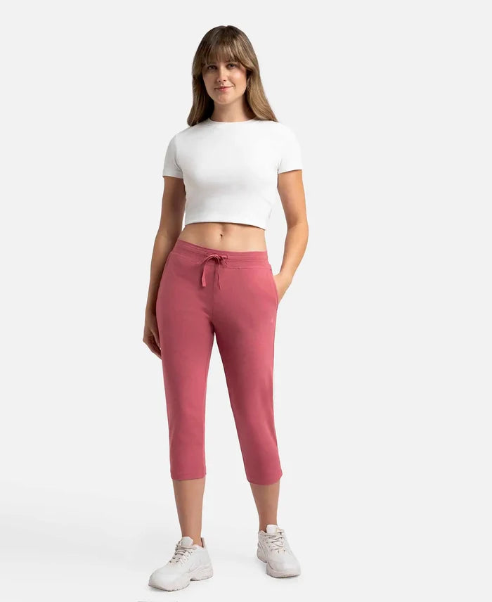 Super Combed Cotton Elastane Stretch Slim Fit Printed Capri with Side Pockets - Rose Wine-4