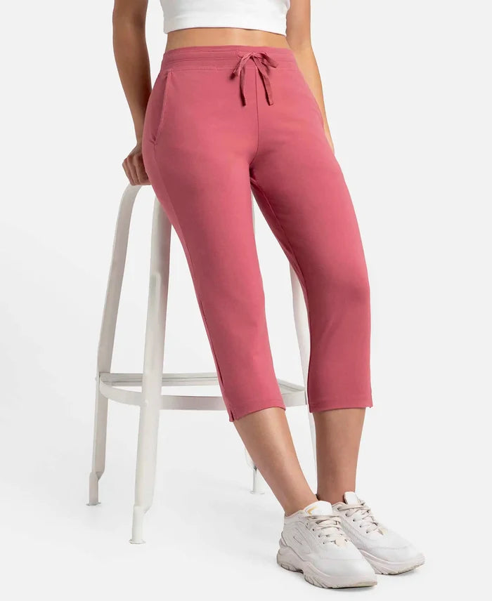 Super Combed Cotton Elastane Stretch Slim Fit Printed Capri with Side Pockets - Rose Wine-5