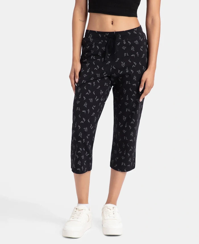 Super Combed Cotton Elastane Stretch Slim Fit Printed Capri with Side Pockets - Black Printed