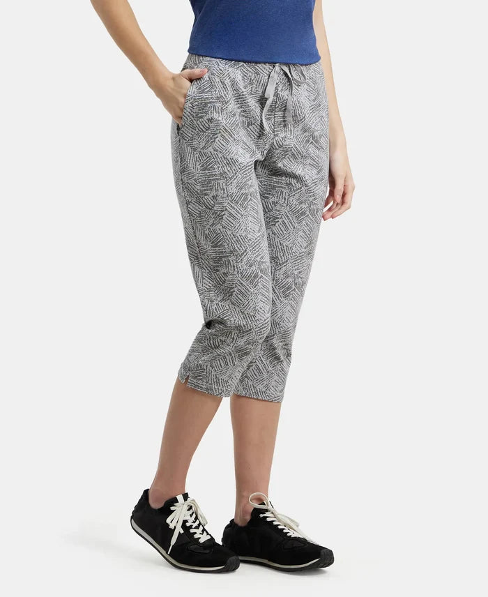 Super Combed Cotton Elastane Slim Fit Printed Capri with Side Pockets - Light Grey Melange Printed-2